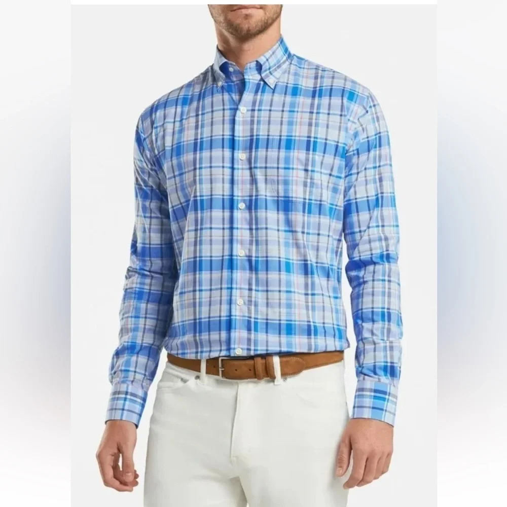 Peter Millar Mens XXL Blue Plaid Long Sleeve Button Down Shirt Cotton‎ Blend